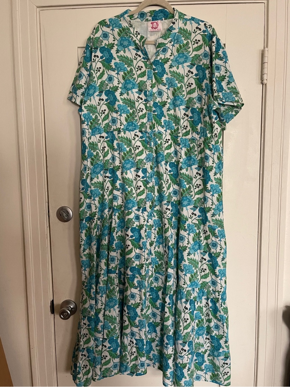 Victoria Dunn White Maxi Dress with Blue and Green Floral Print XL